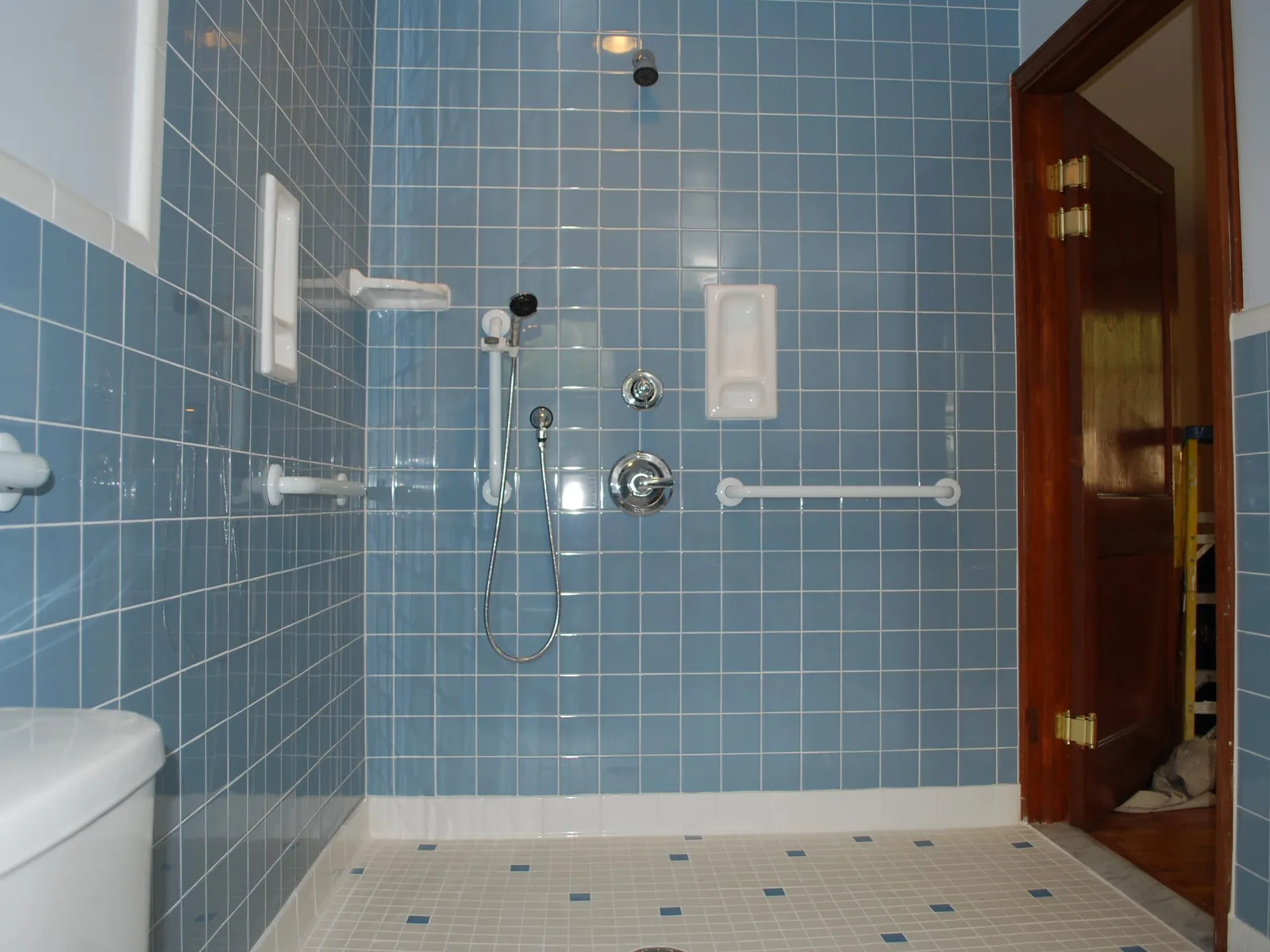 Accessibility remodeling: a curbless roll in shower in a blue tiled bathroom with grab bars and a handheld shower