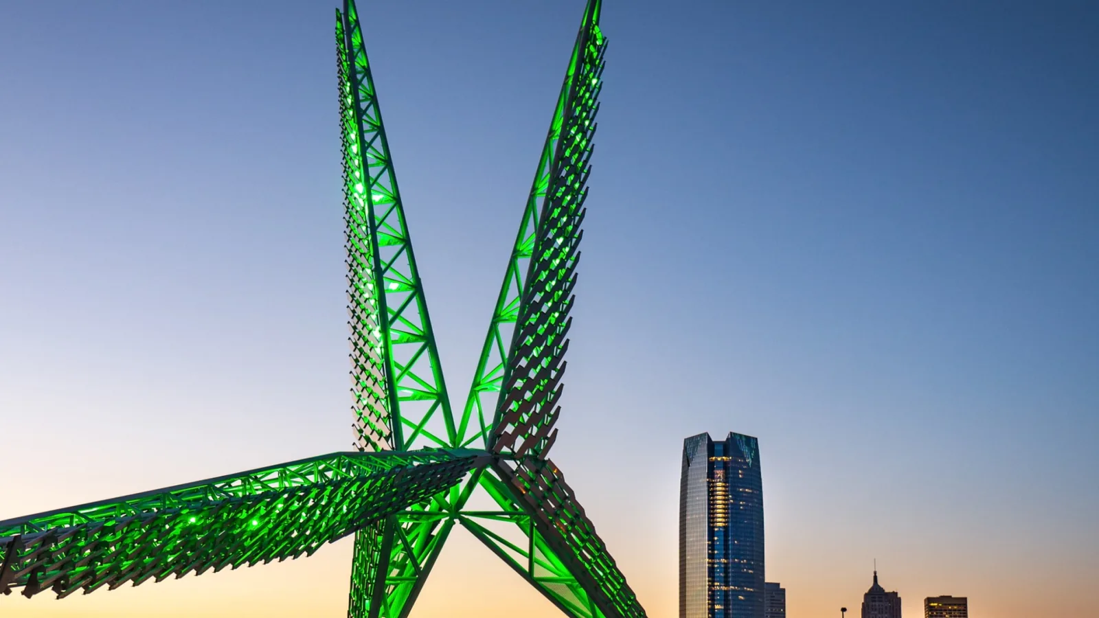 The Skydance Bridge and the downtown Oklahoma City skyline at dusk, remodeling services across Oklahoma